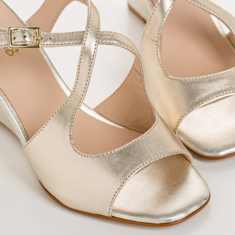 Wedge Wedge Sandals - Women's Golden Metallic Leather Flated Shoes | Reqins