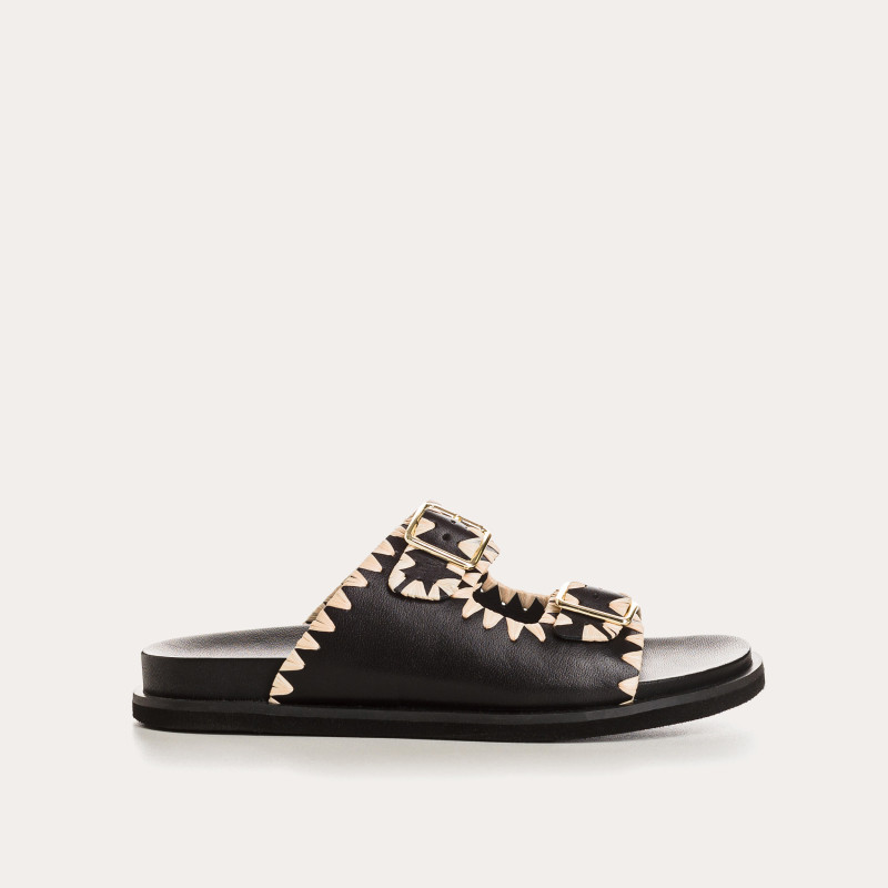 Menorca Sandals - Black Leather Flange Shoes | Reqins