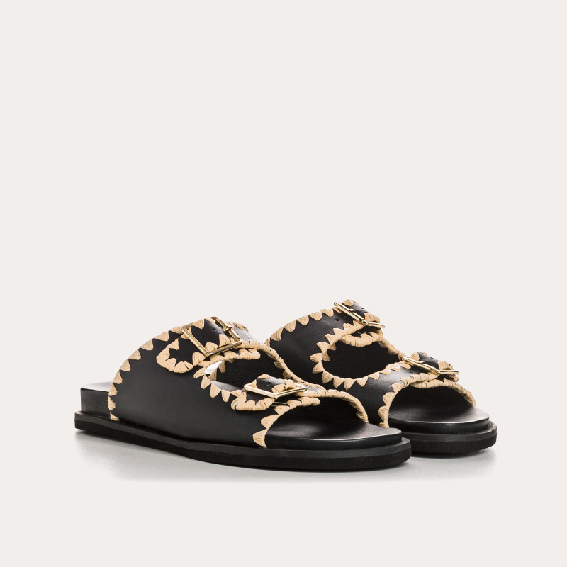 Menorca Sandals - Black Leather Flange Shoes | Reqins