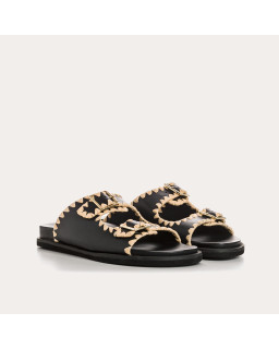 Menorca Sandals - Black Leather Flange Shoes | Reqins