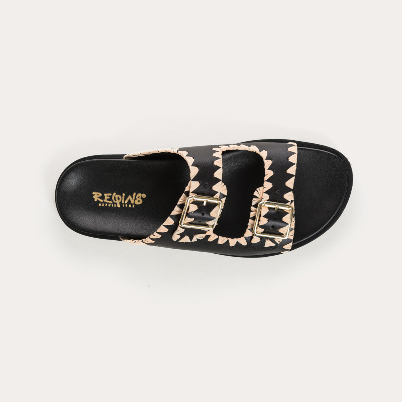 Menorca Sandals - Black Leather Flange Shoes | Reqins