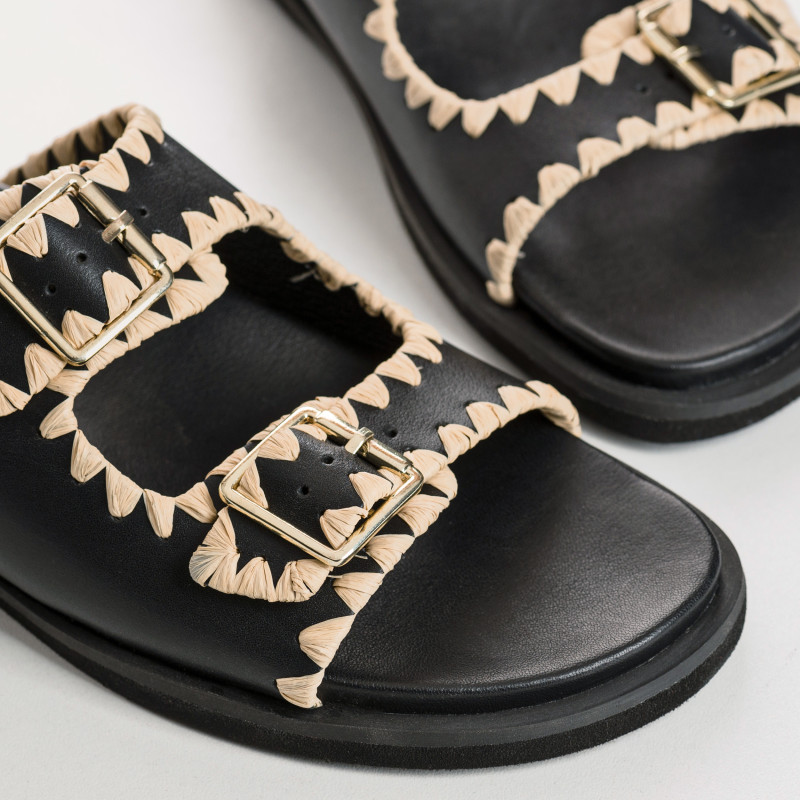Menorca Sandals - Black Leather Flange Shoes | Reqins