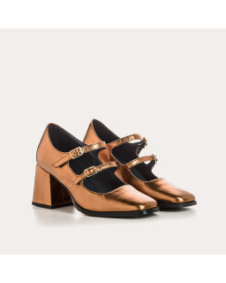 Mary Janes with metallic leather heels with silver or golden buckle