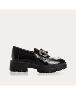 Chunky moccasins in black naplak with silver buckles