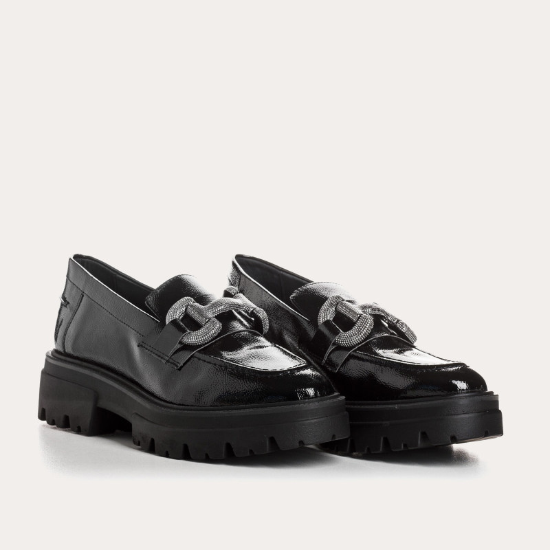 Chunky moccasins in black naplak with silver buckles