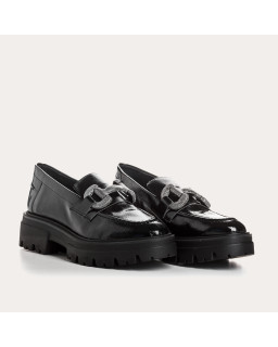 Chunky moccasins in black naplak with silver buckles