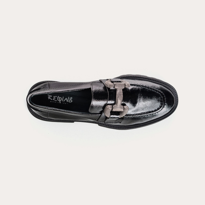 Chunky moccasins in black naplak with silver buckles