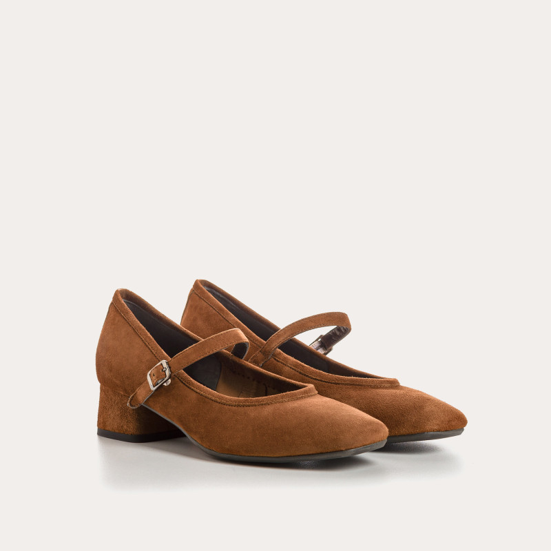 Kelly Brown Heel Mary Janes in Suede