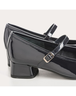 Mary Janes with polished leather heels with silver buckle