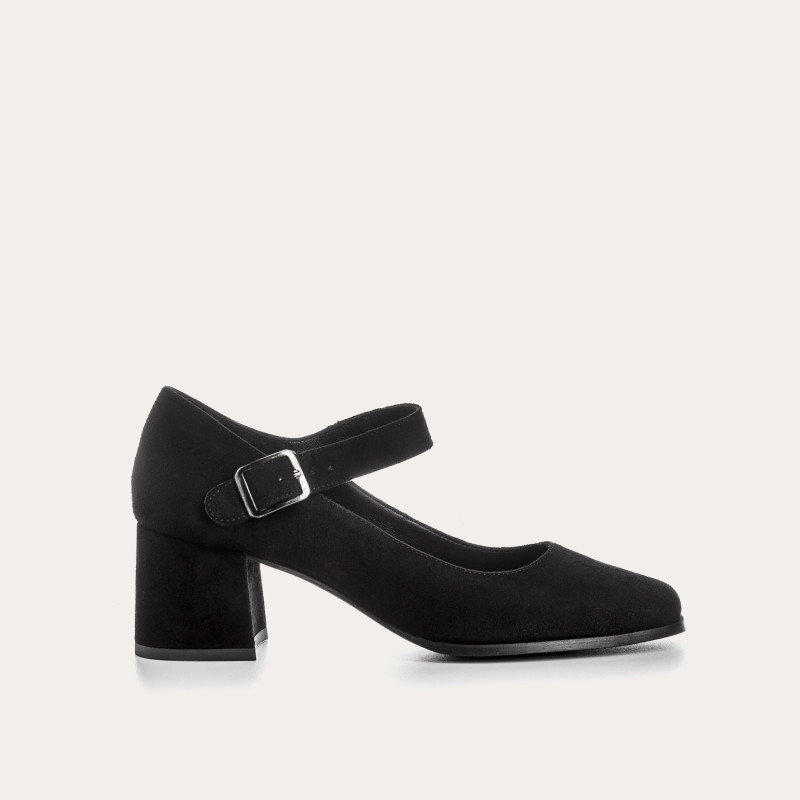 Mary Janes with black heels in suede with golden buckle