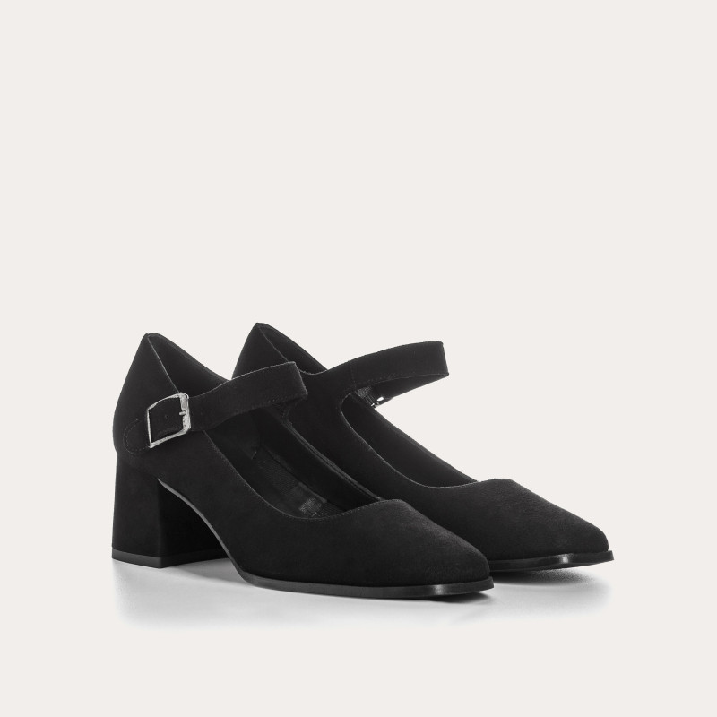 Mary Janes with black heels in suede with golden buckle
