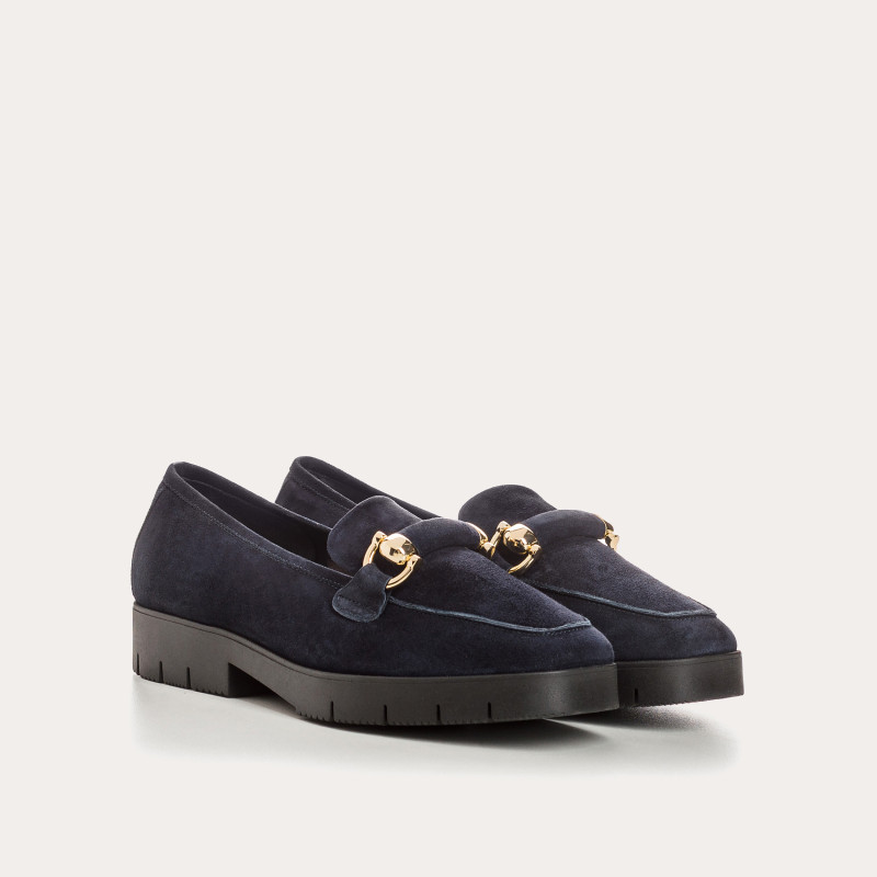 Suede moccasins with notched soles and golden accessories