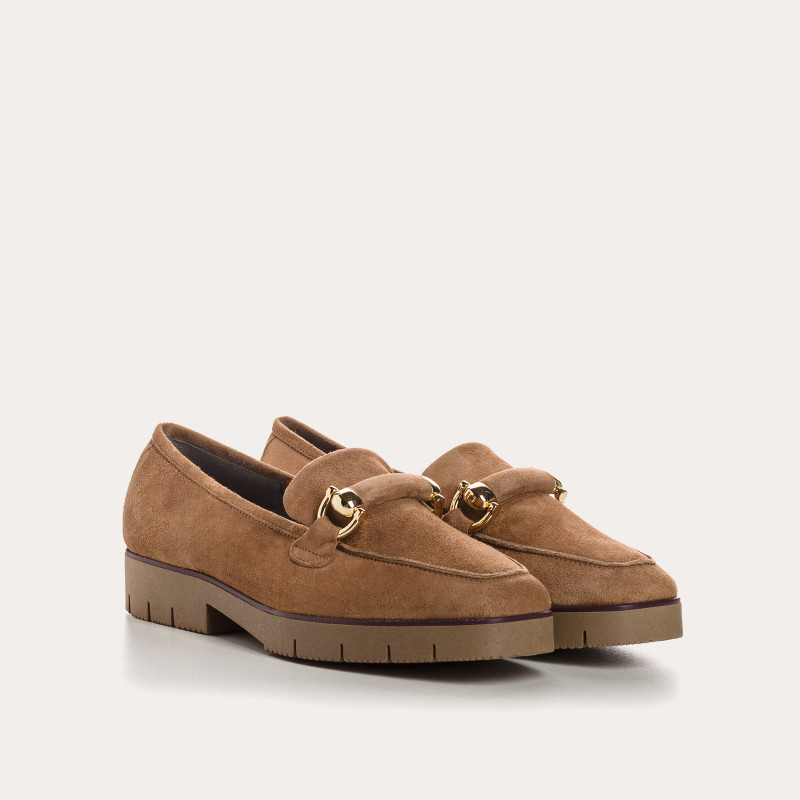 Suede moccasins with notched soles and golden accessories