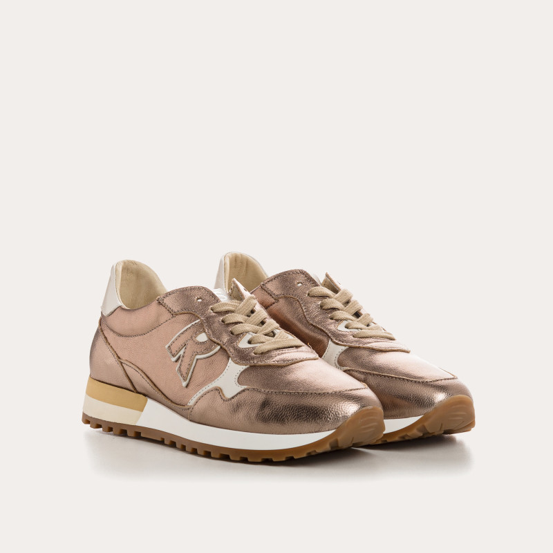 Woman Lace-up Champagne Metallic Leather Sneakers