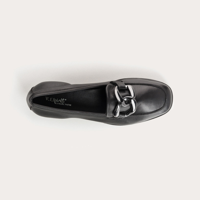 Leather compensated loafers with golden or silver accessories