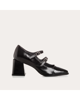 Mary Janes with metallic leather heels with silver or golden buckle