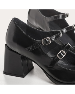 Babies à talons en cuir métallisé avec boucle argentée ou dorée