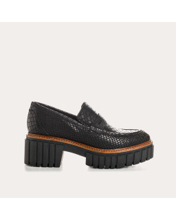 Black Chunky Leather Loafers In Embossed Snake