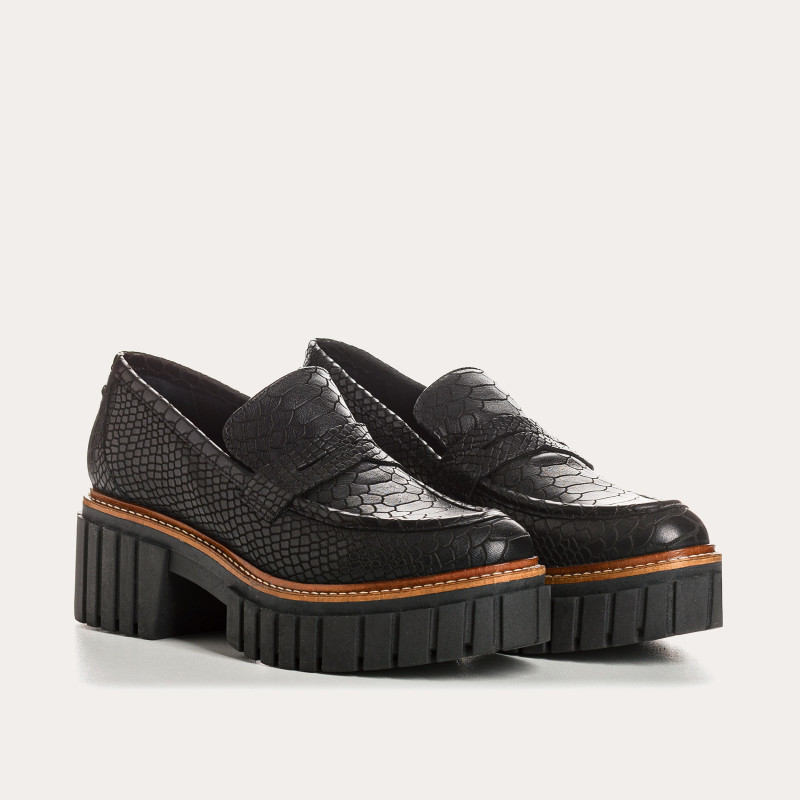 Black Chunky Leather Loafers In Embossed Snake