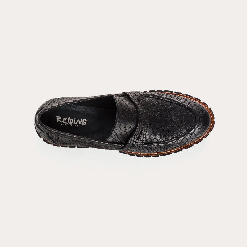 Black Chunky Leather Loafers In Embossed Snake