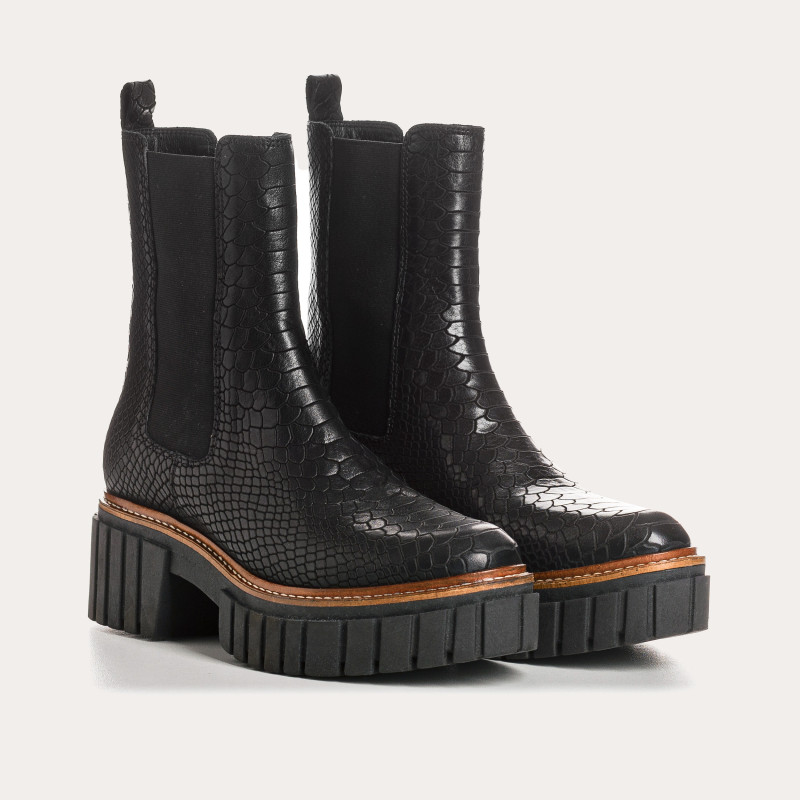 Boots Chelse black leather embossed Python with elastic