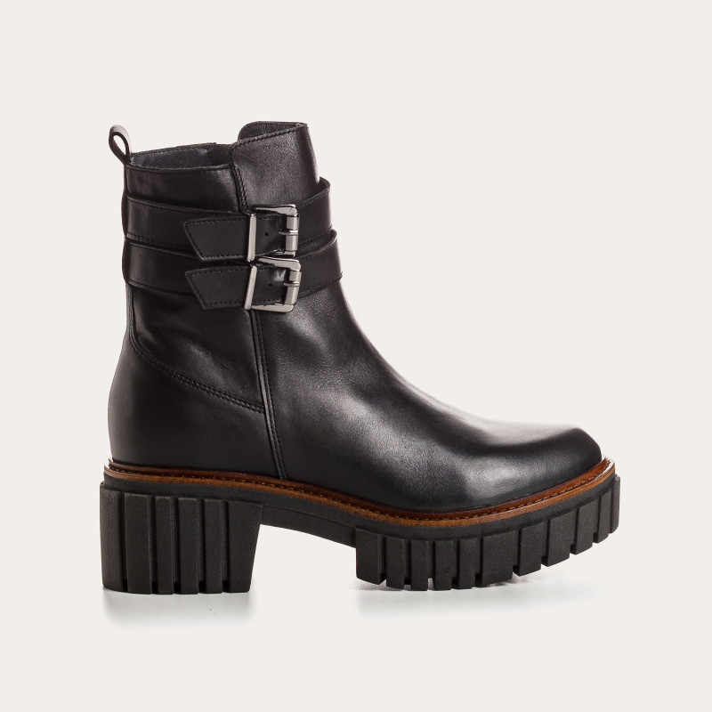 Boots Chelsea en cuir noir avec zip latéral et double boucles
