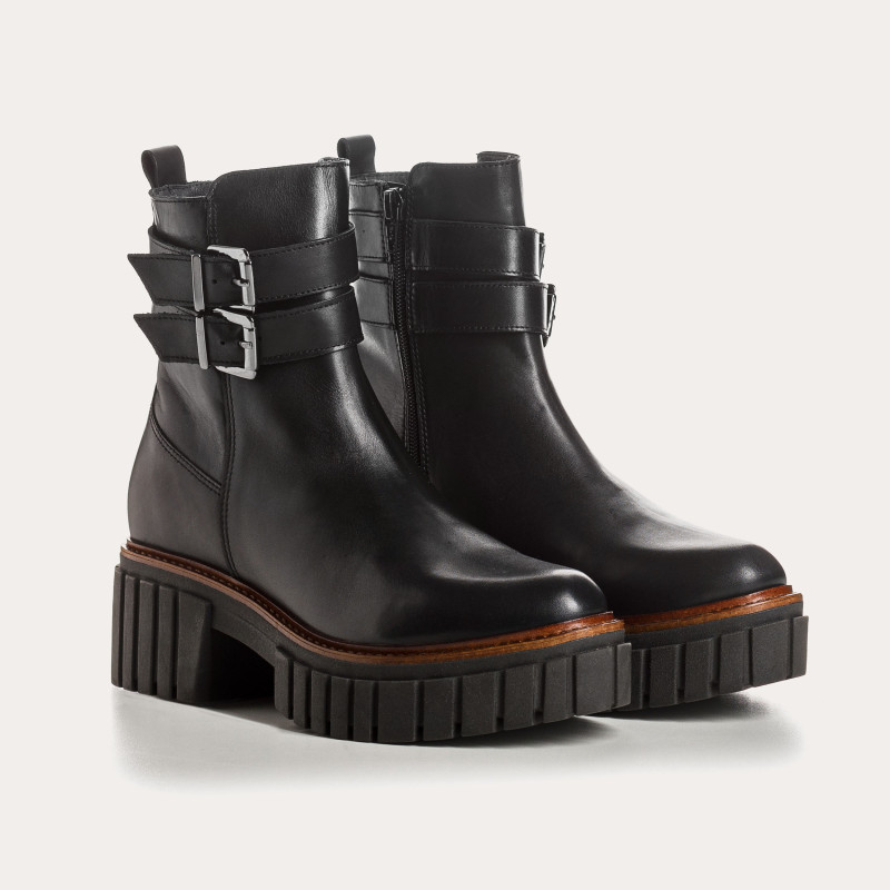 Boots Chelsea en cuir noir avec zip latéral et double boucles