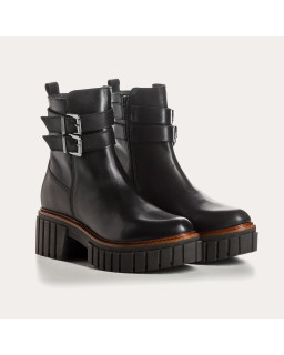 Boots Chelsea en cuir noir avec zip latéral et double boucles