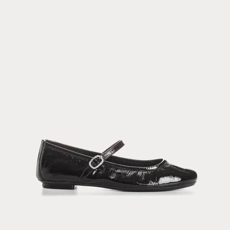 Black Mary Janes Patent Leather With Silver Rhinestone Loop