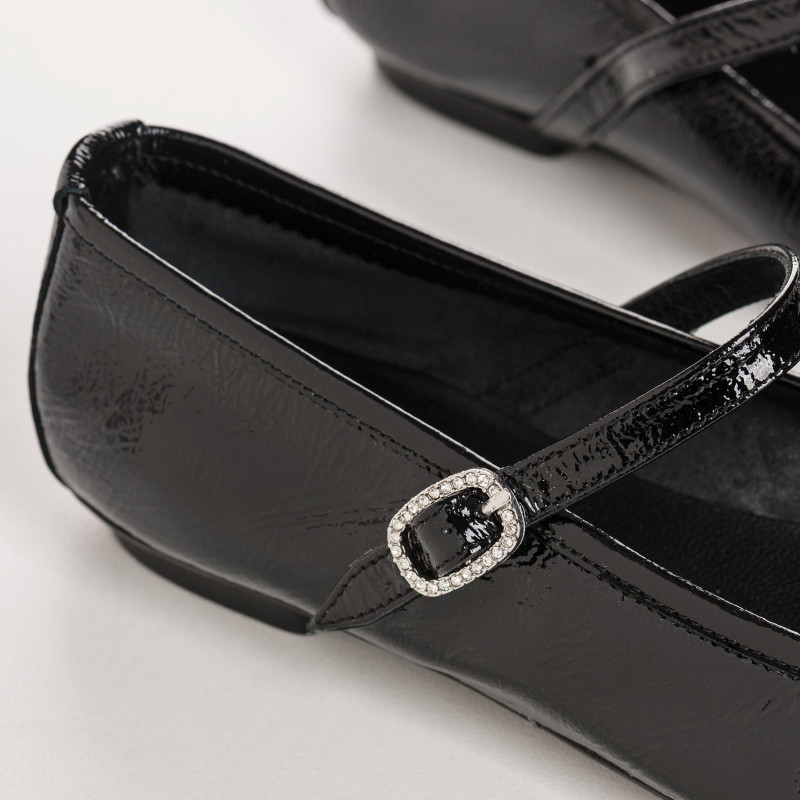 Black Mary Janes Patent Leather With Silver Rhinestone Loop