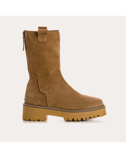 Bottines en cuir velours beige avec semelles crantées et zip arrière