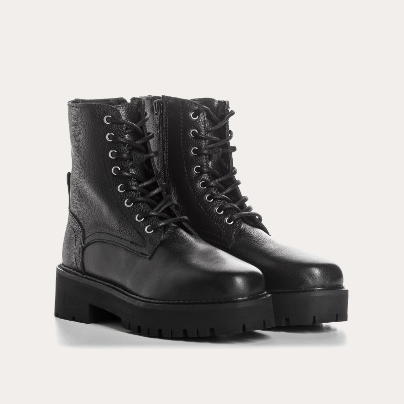 Black grained leather lace boots with interior zip