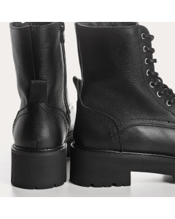 Black grained leather lace boots with interior zip