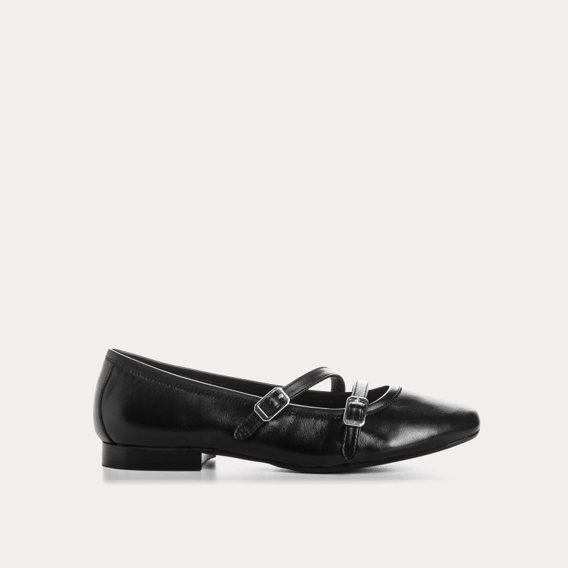 Mary Janes with double black smooth leather flanges with silver buckles