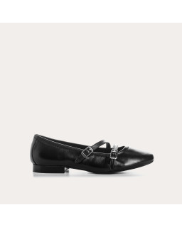 Mary Janes with double black smooth leather flanges with silver buckles