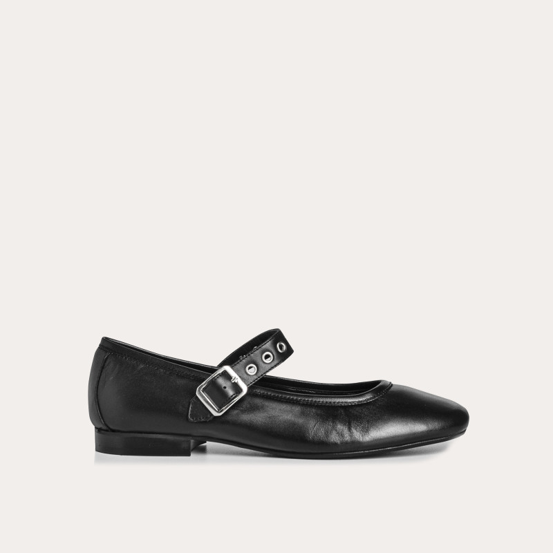 Black leather mary janes with eyelet flanges and silver loops