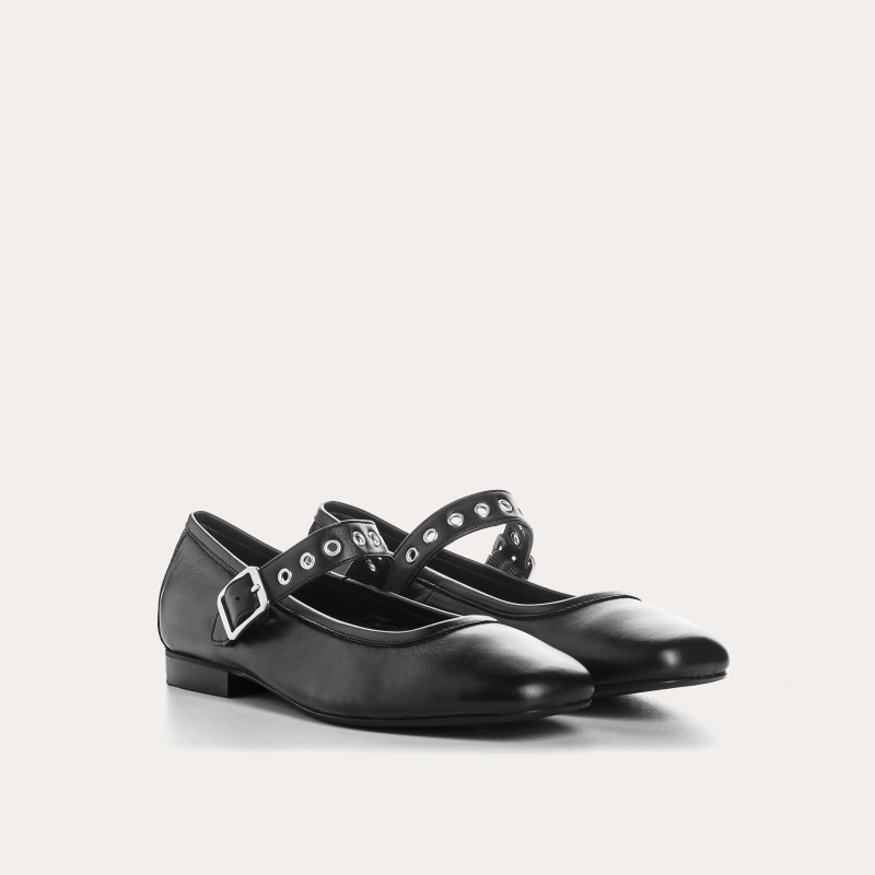 Black leather mary janes with eyelet flanges and silver loops