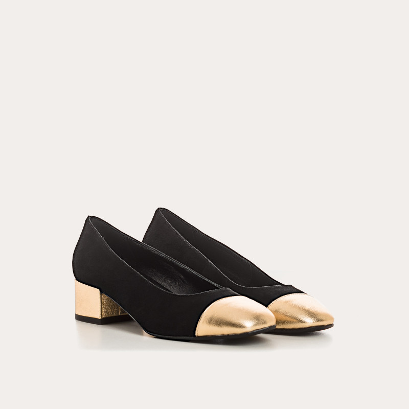 Ballerinas with two-color heels in velvet leather and metal