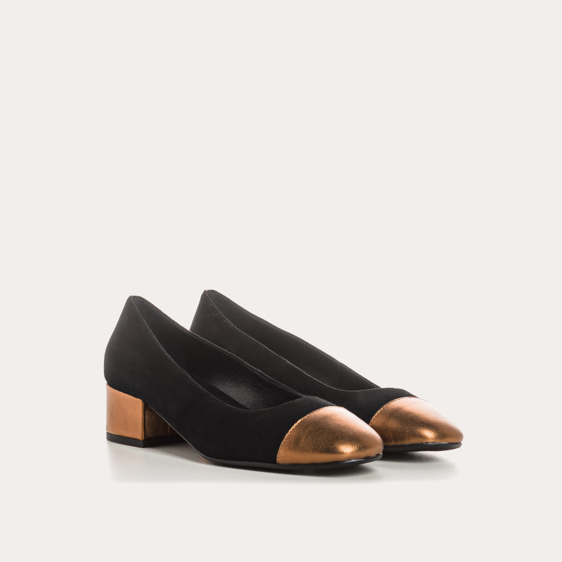 Ballerinas with two-color heels in velvet leather and metal