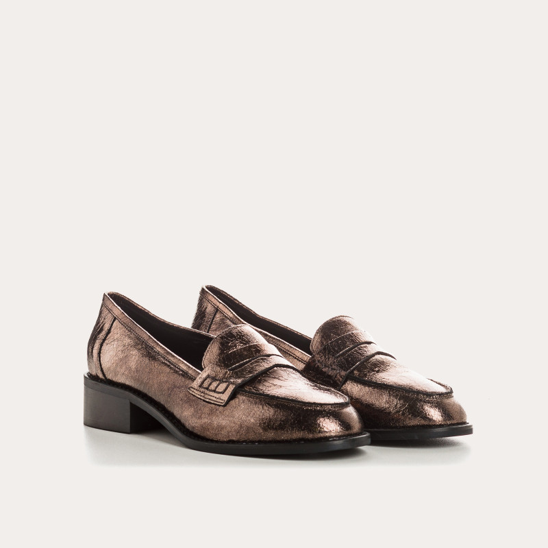 Mocassins collège en cuir métallisé acier