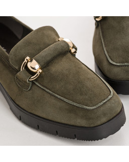 Suede moccasins with notched soles and golden accessories