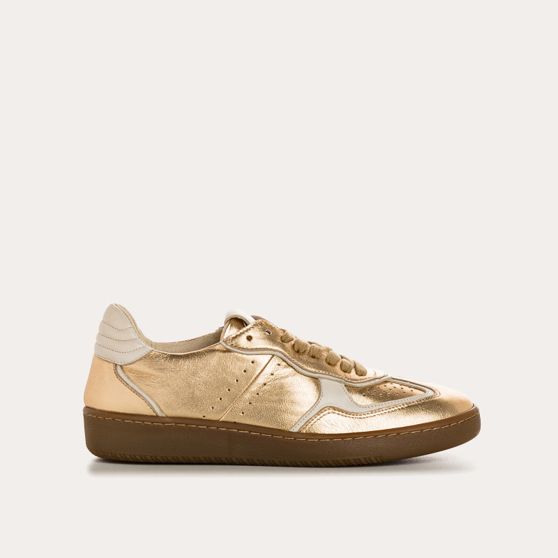 Woman sneakers in metallic leather and lace-lace leather