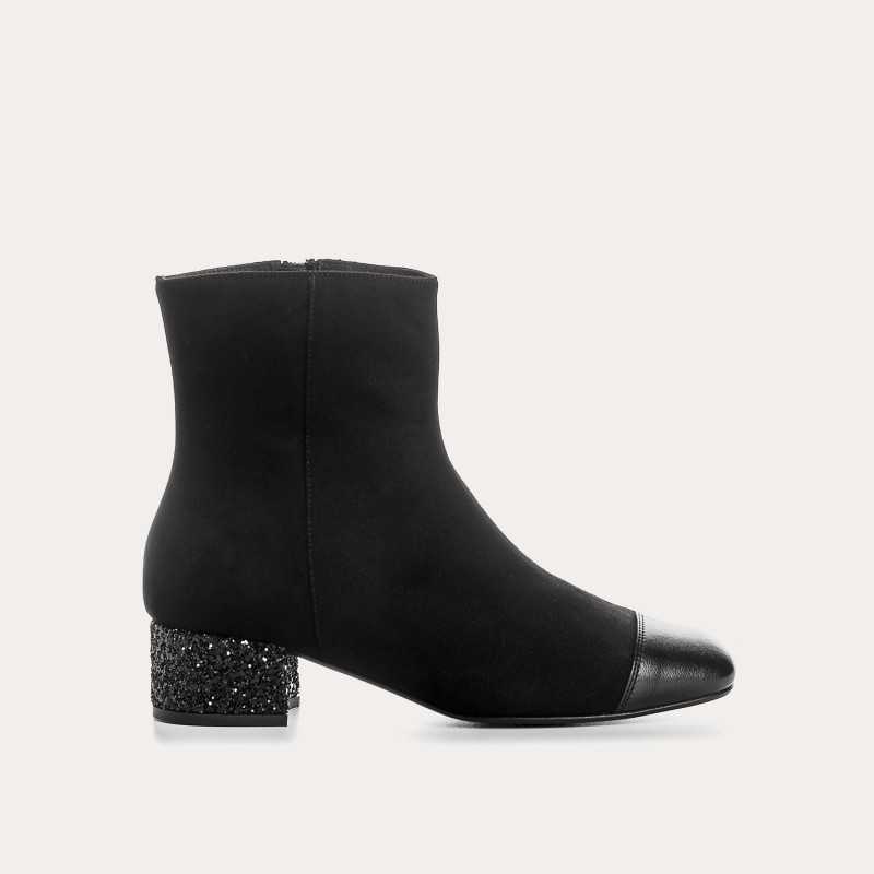 Bottines a talons en cuir velours et glitter