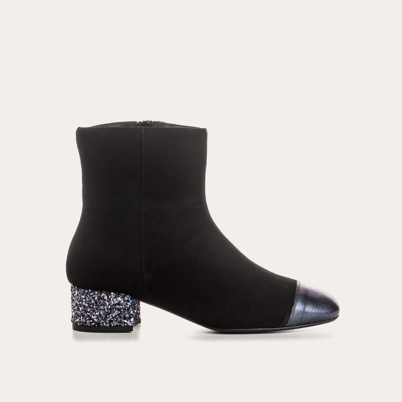 Bottines à talons en cuir velours et glitter