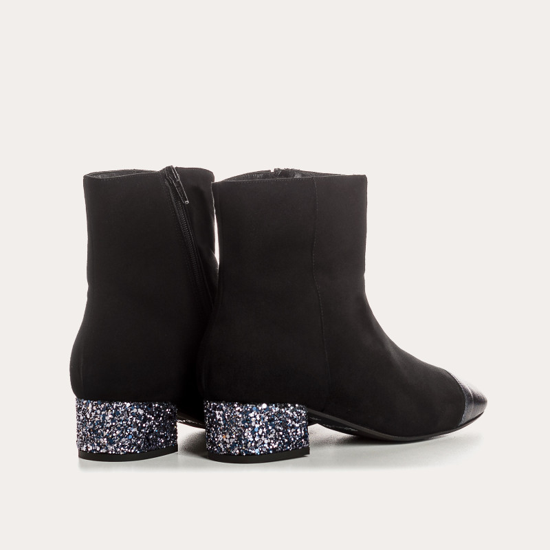 Bottines à talons en cuir velours et glitter