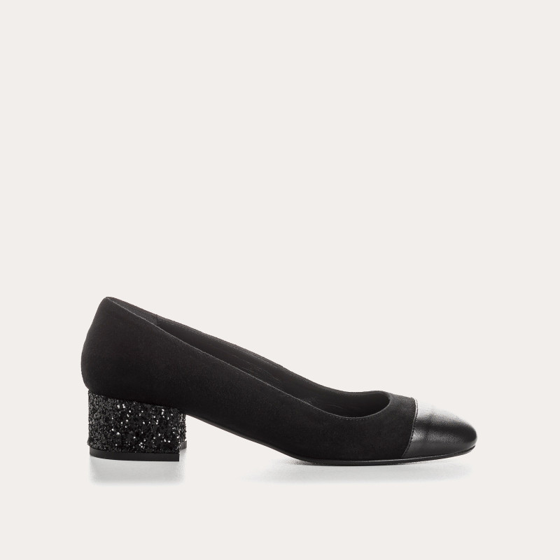 Velvet leather heel ballerinas with glitter heel
