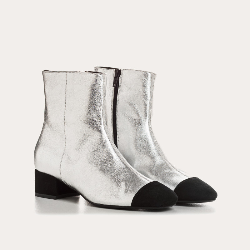 Bottines à talons en cuir métallisé argent et noir
