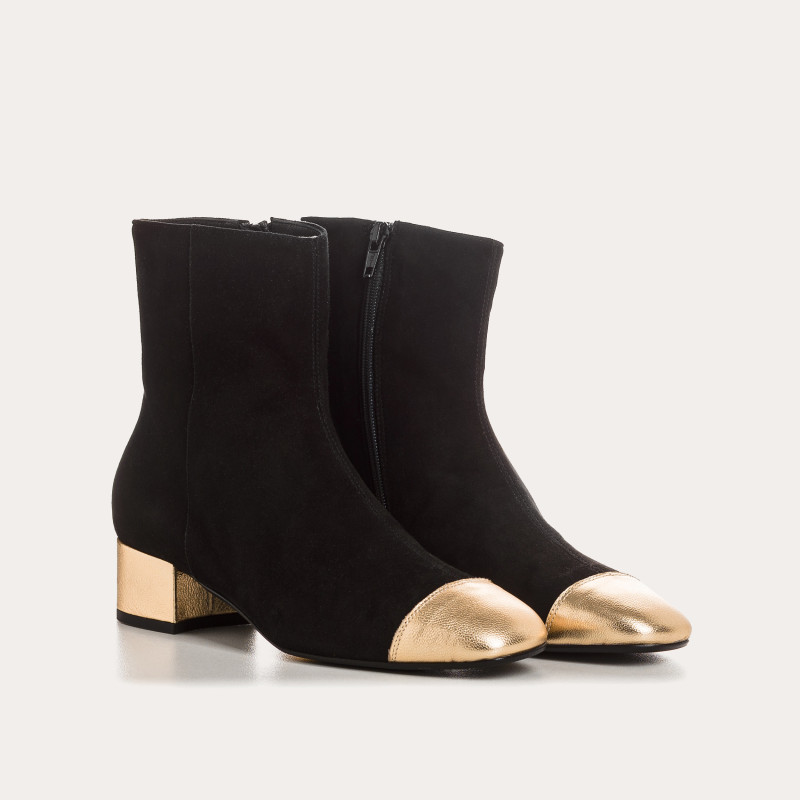 Two-tone boots with velvet leather and black metal / gold