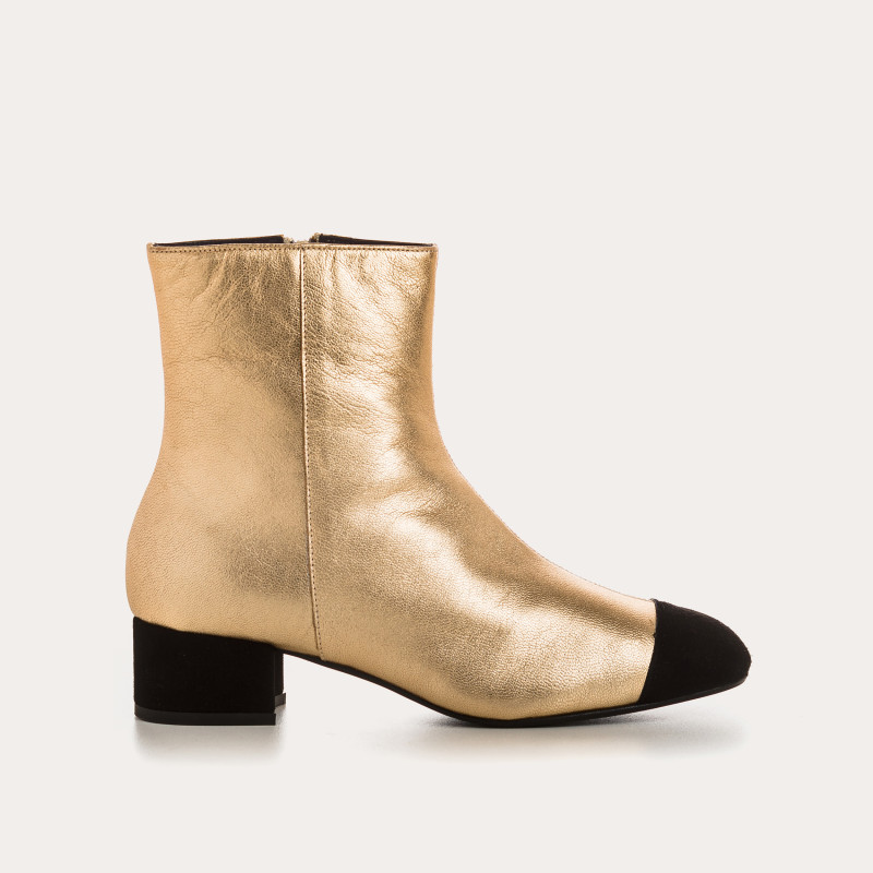 Bottines à talons en cuir métallisé argent et noir