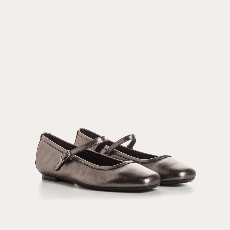 Mary Janes Honor Platinum in Metallic Leather - Bridles and Golden or Silver Loops